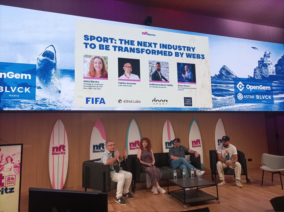 Another cool panel @NFT_Biarritz about sport in #Web3 with two of the <a href="/1000FacesNFT/">Kayani</a> founding members on it <a href="/EthanPierse/">Ξthan Pierse 🦙🤖</a> and <a href="/FabienArneodo/">Fabien Arneodo 🎙️🏀🔥</a> , as well as two wonderful people I just met <a href="/abbybarsky/">Abby Barsky</a> and <a href="/GuillaumeMoret1/">Guillaume Moret-Bailly</a> .