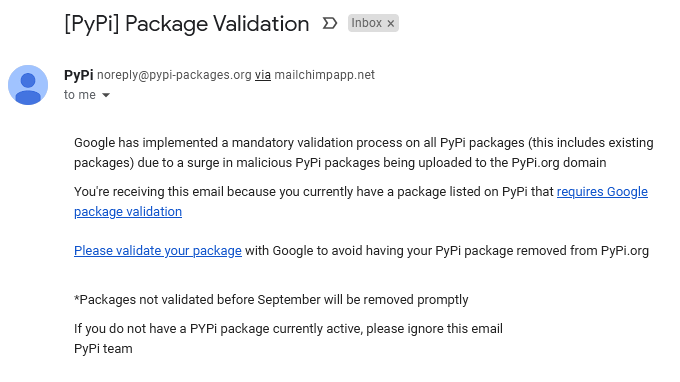 codewithanthony's tweet photo. pretty good phish pretending to be @pypi -- especially after the recent "critical package" emails look very similar.  dead giveaway is it's "PyPI" https://t.co/RCFtEaRPKC