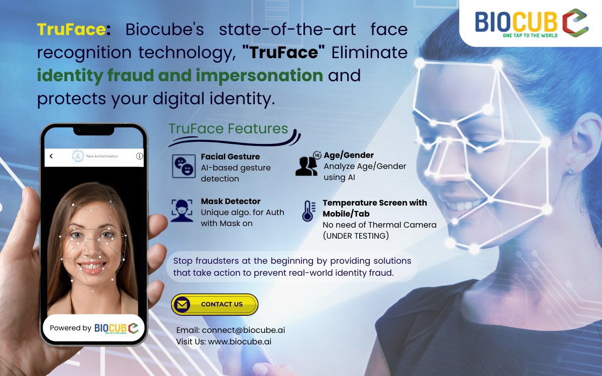 BioQube_AI's tweet photo. #TruFace: Biocube's state-of-the-art Face recognition technology, "TruFace" Eliminate identity fraud and impersonation and protects your digital identity.💻
For more details: https://t.co/TFZW8NuHXs

#facerecognition #AI #facedetection #passiveliveness #maskdetector #futuretech https://t.co/Iu0n5tYdlW