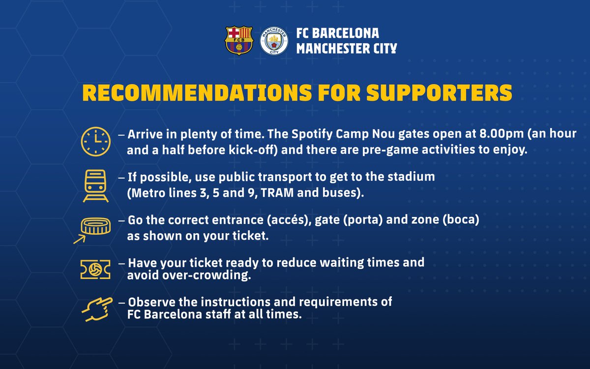 FCBarcelona's tweet photo. Advice for getting to Spotify Camp Nou for tonight's Barça v @ManCity 👇 https://t.co/vkwjWyJRKZ