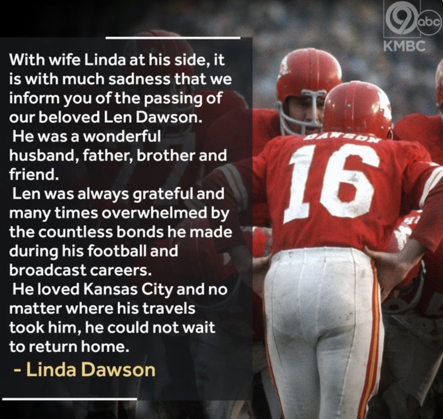 AVReneeKC's tweet photo. I think the reason I became a football fan was because of #LenDawson. May he forever Rest In Peace 🙏 Thanks for all the memories &amp; know you’ll always be a part of #ChiefsKingdom ❤️🏈💛 #saddayinKC #HOFQB #SuperBowlMVP https://t.co/hznqaRyunH