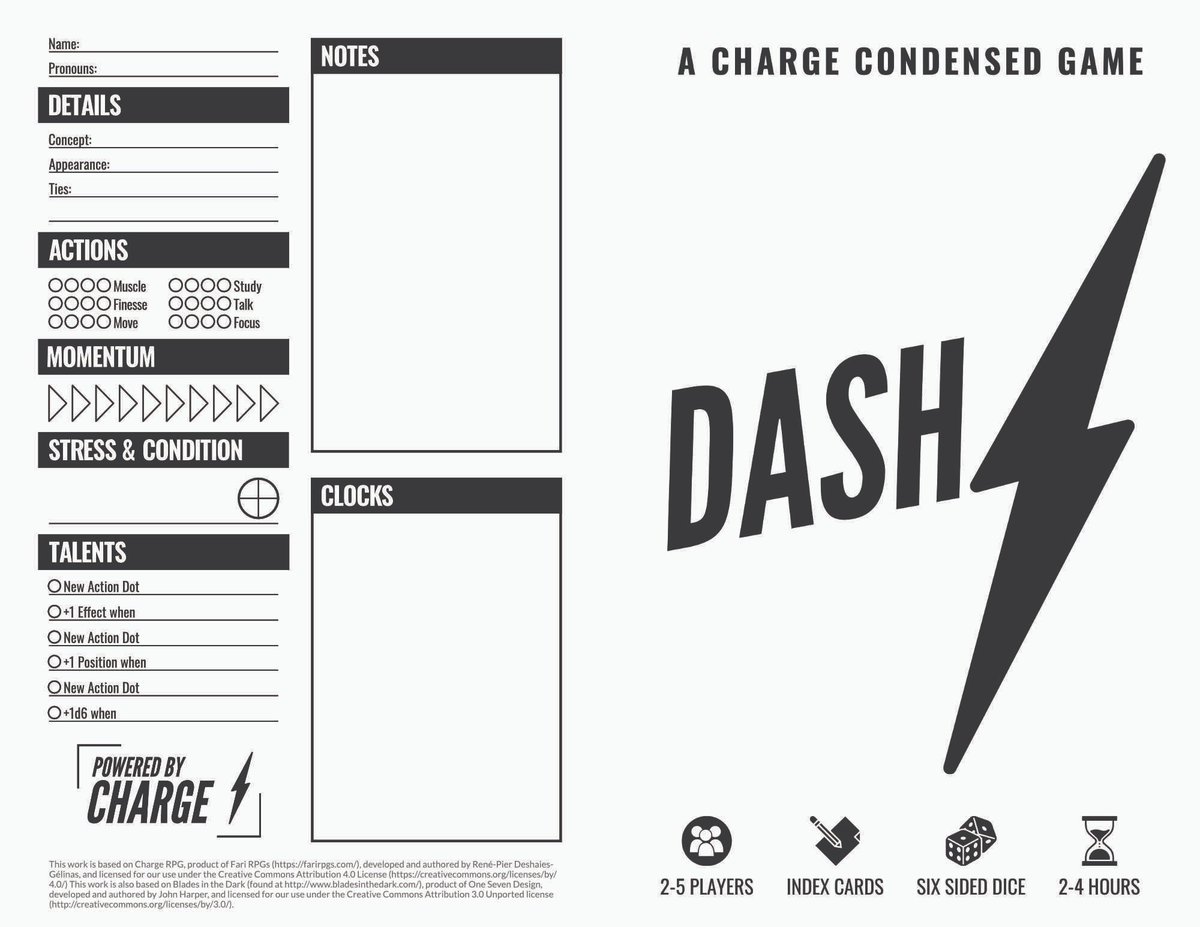 RPDeshaies's tweet photo. Alright, here it is! ⚡

Dash is a free and condensed version of the Charge generic RPG system.

Based on the Forged in the Dark engine, this game features all of Charge's mechanics is an accessible format that is effortless to print at home to enjoy for a cool TTRPG evening. https://t.co/sSWdRiGQXw