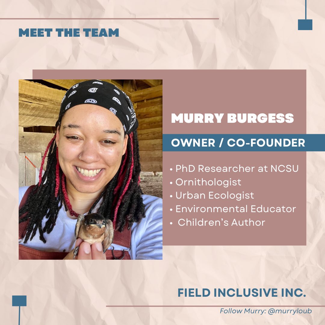 FieldInclusive's tweet photo. Introducing Murry Burgess: Owner, Co-Founder, &amp; Board Member!

Murry is an urban ecologist, ornithologist, and PhD researcher @NCStateCNR . She studies Barn Swallows and the effects of light pollution on nestling health &amp; development. #BlackInFieldWork https://t.co/PXMn3t1BQ2