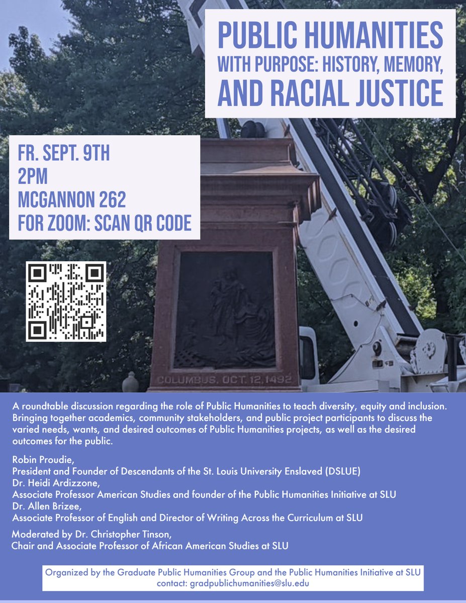 ***Announcement*** Coming up next Fri. 9/9 at 2:00pm, we're hosting a roundtable titled, "Public Humanities with Purpose: History, Memory, and Racial Justice," regarding the role of Public Humanities to teach diversity, equity, and inclusion #DEI. Details attached 🧵👇
