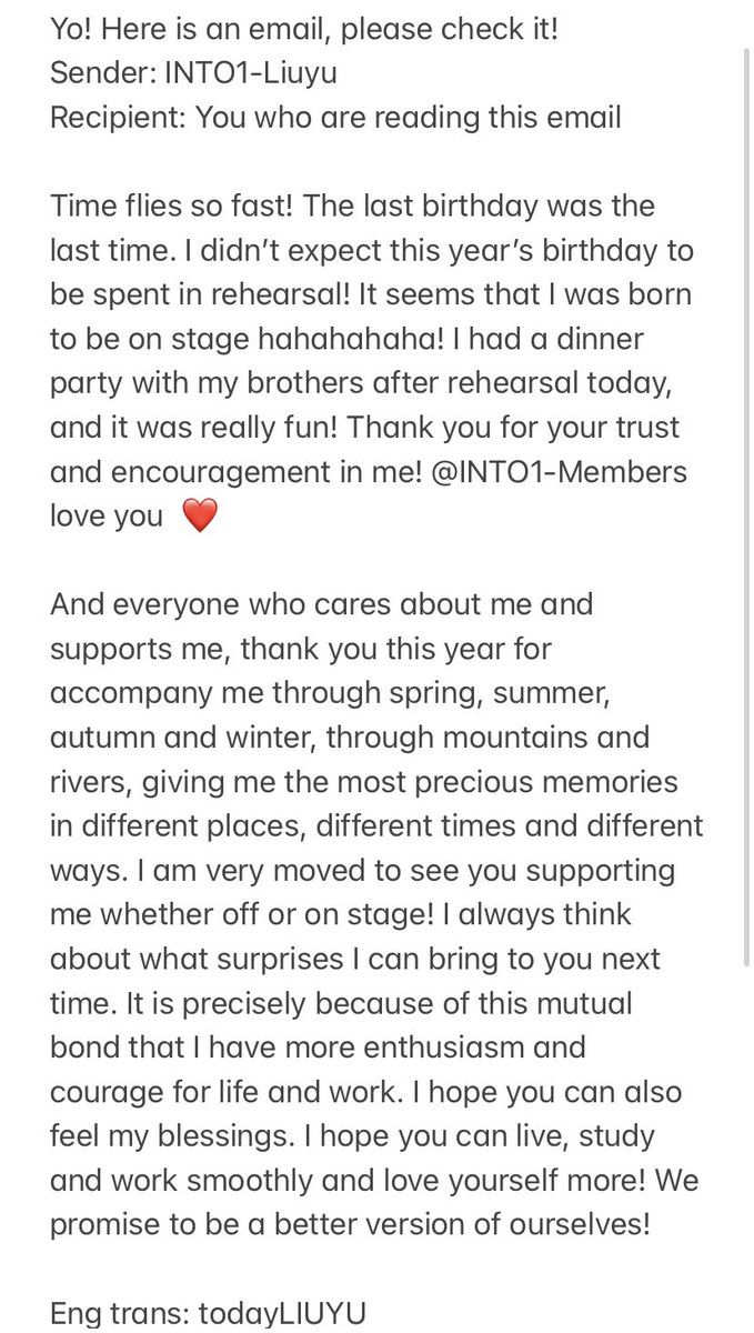 Eng-Trans 
Liuyu’s birthday message

INTO1-Liuyu
August 24, 2022