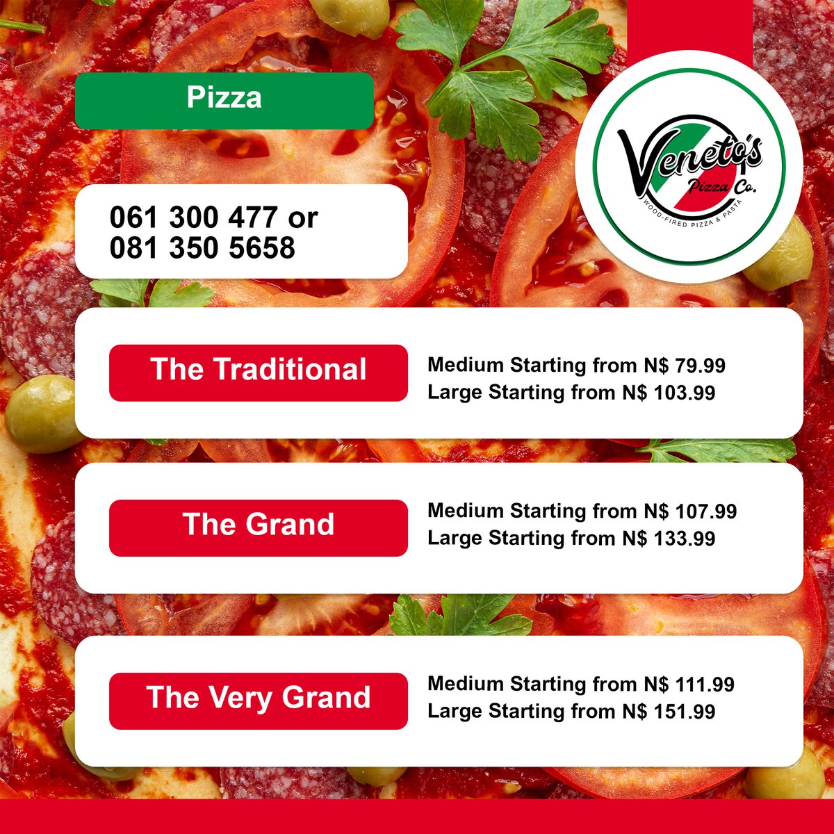 Still trying to decide if Veneto's Woodfired Pizza is for you?

Try our medium traditional Pizzas from as little as N$ 79.99, you will keep coming back.

#pizza #VenetosGoodness #VenetosPizza