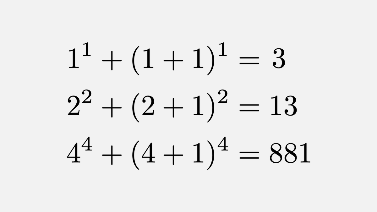 fermatslibrary's tweet photo. The only known primes of shape nⁿ+(n+1)ⁿ are 3, 13 and 881. https://t.co/hI2QuoXLl1
