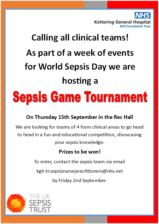 sepsiskgh's tweet photo. As part of a week of events for World Sepsis Day, the Sepsis Team is hosting Sepsis Game Tournament on Thursday 15th September. Some great prizes to be won! 😀
#WorldSepsisDay https://t.co/P3keBLjJnX