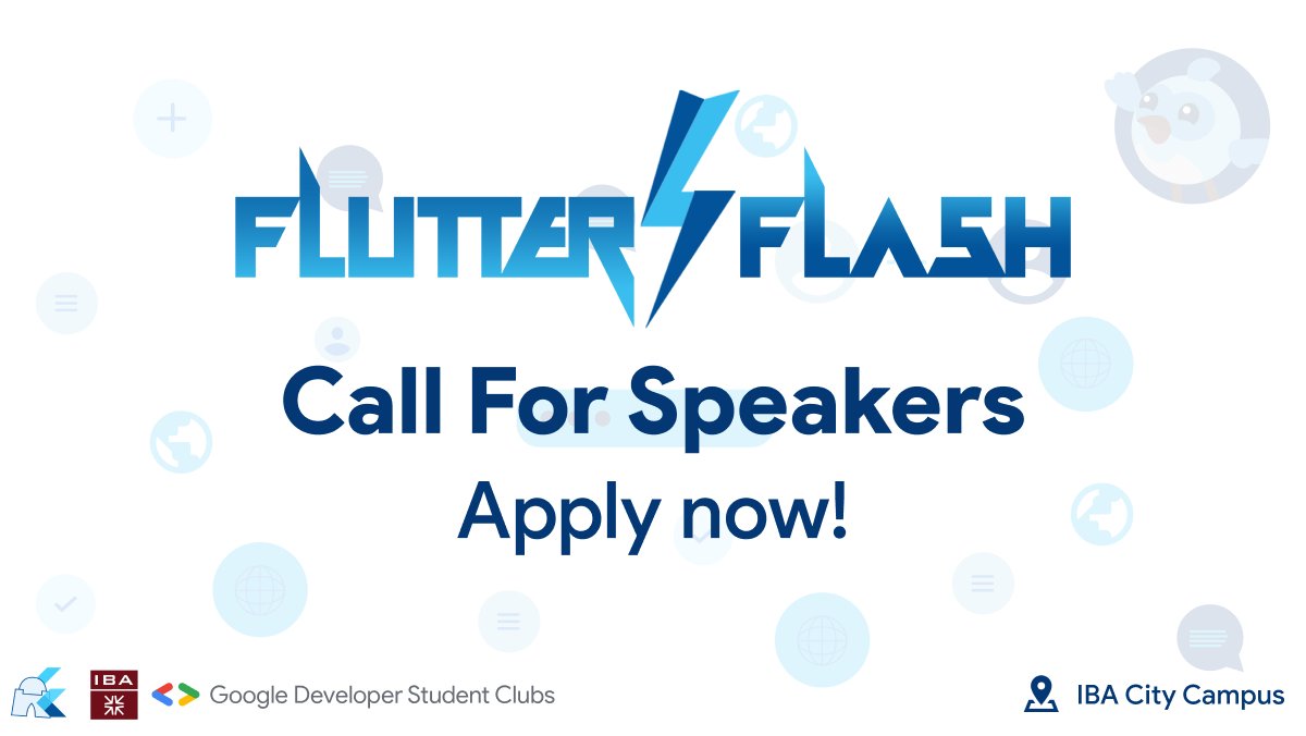 FlutterKarachi's tweet photo. Call for Speakers for Flutter Flash⚡️📣
https://t.co/7gGXeERs7Y
CFP deadline: 6th Sep '22.
Date: 24th September 2022
Venue: City Campus, IBA
Time: 9:00 AM
Want to come as an attendee? Register now!
Attendee Registration Link : https://t.co/0Lwfh8kDsT
#FlutterFlashKarachi https://t.co/smmPfsFwP4