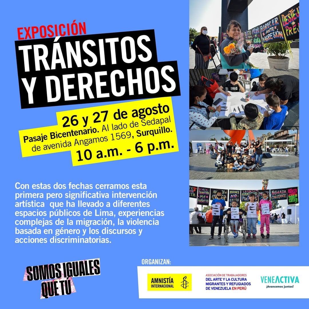nancyarellano's tweet photo. Este fin de semana #ultimasfechas de la exposición #TransitosYDerechos abordando las complejas experiencias de los y las migrantes, la violencia basada en género y discriminación colocando en el centro a las personas @veneactivaorg @amnistiaperu https://t.co/YIRZNILMoT