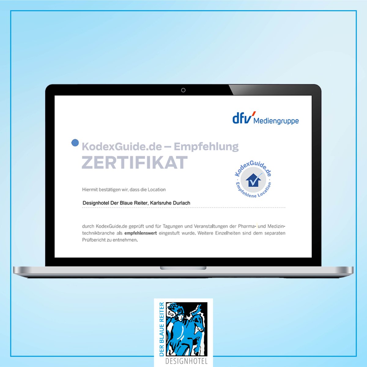Wir können Euch erfreut mitteilen, dass wir dieses Jahr erneut durch KodexGuide.de geprüft und für Tagungen und Veranstaltungen der Pharma- und Medizintechnikbranche als empfehlenswert eingestuft worden sind. 😍

Das Hotel Der Blaue Reiter-Team  💙

#hotelderblauereiter