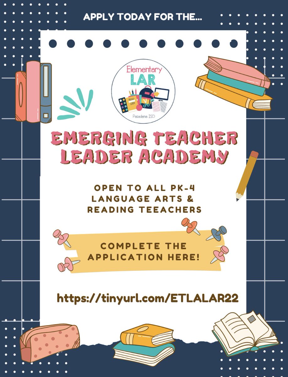 pisdesela's tweet photo. The application for ETLA PK-4 LAR teachers is now open! Apply today to grow as a literacy leader in @PasadenaISD_TX 🌟 #PISDLAChat https://t.co/IElbX4c90Q