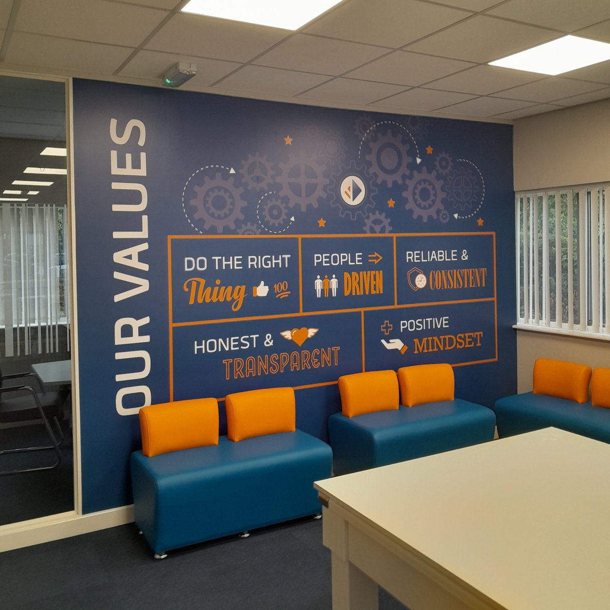 What do we think of this?! New Core Values wall #design now printed &amp; installed at Approach Personnel HQ in their breakout room. Really pleased with how it's turned out! Loving the chairs they chose too 😊
#officerefurb #breakoutroom #workspace #officespace #office #makeover