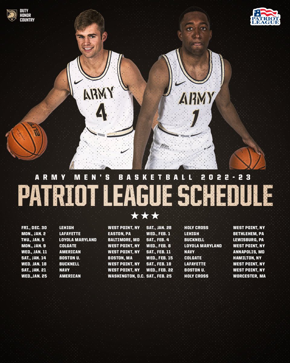 Army Men's Basketball (@armywp_mbb) on Twitter photo Our <a href="/PatriotLeague/">Patriot League</a> slate is out now!
🎟️goarmywestpoint.evenue.net/cgi-bin/ncomme…
#GoArmy Our <a href="/PatriotLeague/">Patriot League</a> slate is out now!
🎟️goarmywestpoint.evenue.net/cgi-bin/ncomme…
#GoArmy