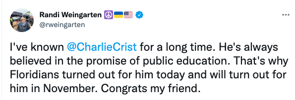 FlaResearch's tweet photo. Teacher union boss Randi Weingarten congratulates Charlie Crist on winning the Democrat nomination for governor.

Weingarten is infamous for lobbying to keep schools closed for over a year, citing a discredited conspiracy theory from Florida Democrat politician Rebekah Jones. https://t.co/pp0OOicOaX