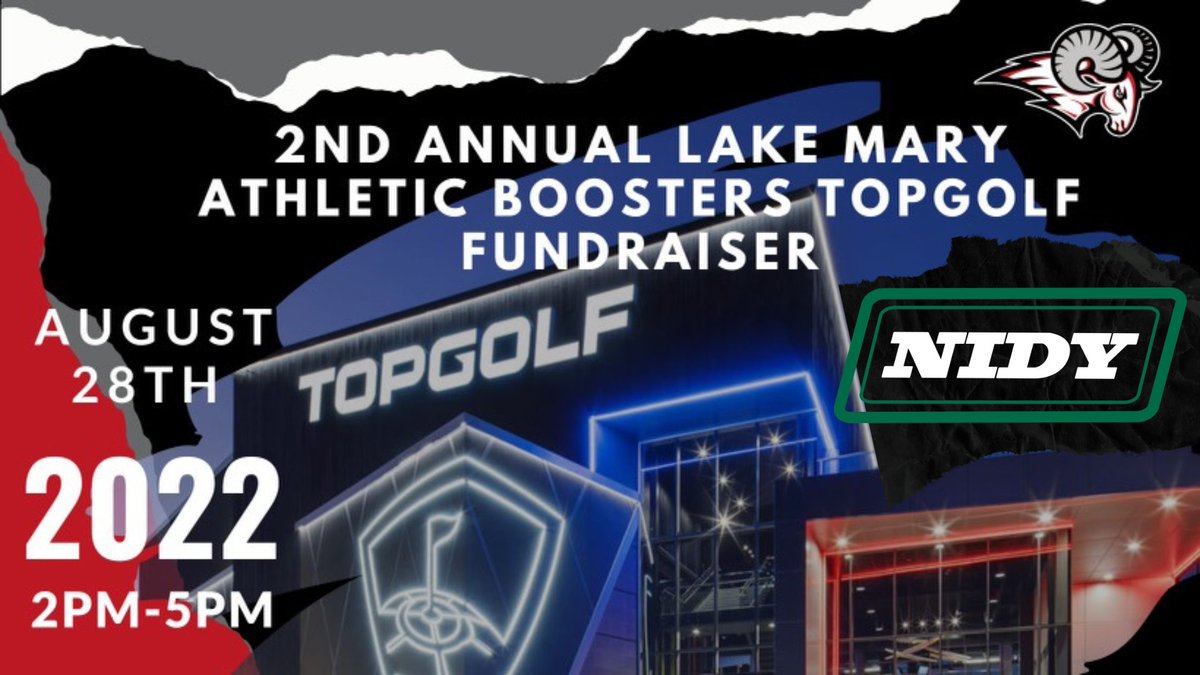 Join the LMHS Athletic Boosters for an afternoon of TOPGOLF fun &amp; help us make a difference for LMHS athletes!🐏This SUNDAY Aug. 28th⛳️TY NIDY!!! Our Title Sponsor! 🖤❤️
Click link to Sign UP: lakemaryboosters.com/2022-topgolf-f…
<a href="/LMHSRams/">LakeMaryHighSchool</a> <a href="/LMRamsFootball/">Lake Mary Football</a> <a href="/LkMaryAthletics/">Rick</a> @NidySportsConst