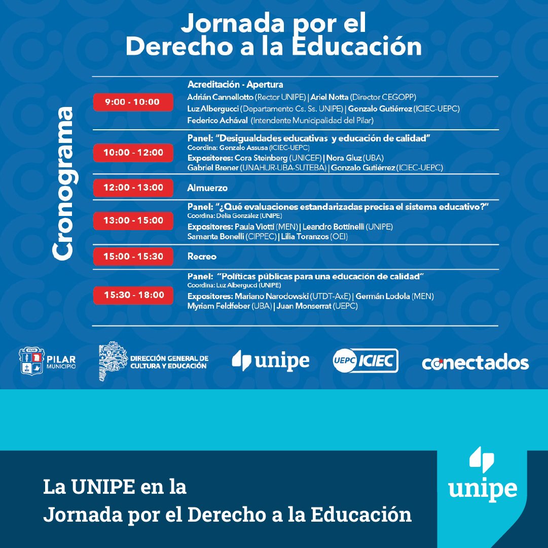 unipe_ar's tweet photo. ✅Jornada por el Derecho a la Educación 
Realizada junto a @EducacionPil   @ConectateUEPC

🗓1 de Septiembre
ℹ️Microestadio Municipal (Néstor Kirchner 1400, Pilar).

📲Actividad gratuita con cupos limitados. Hacé tu registro en el WhatsApp  11-5238-6864

 #MesDeLaEducaciónPilar https://t.co/HB5LyFCvIG