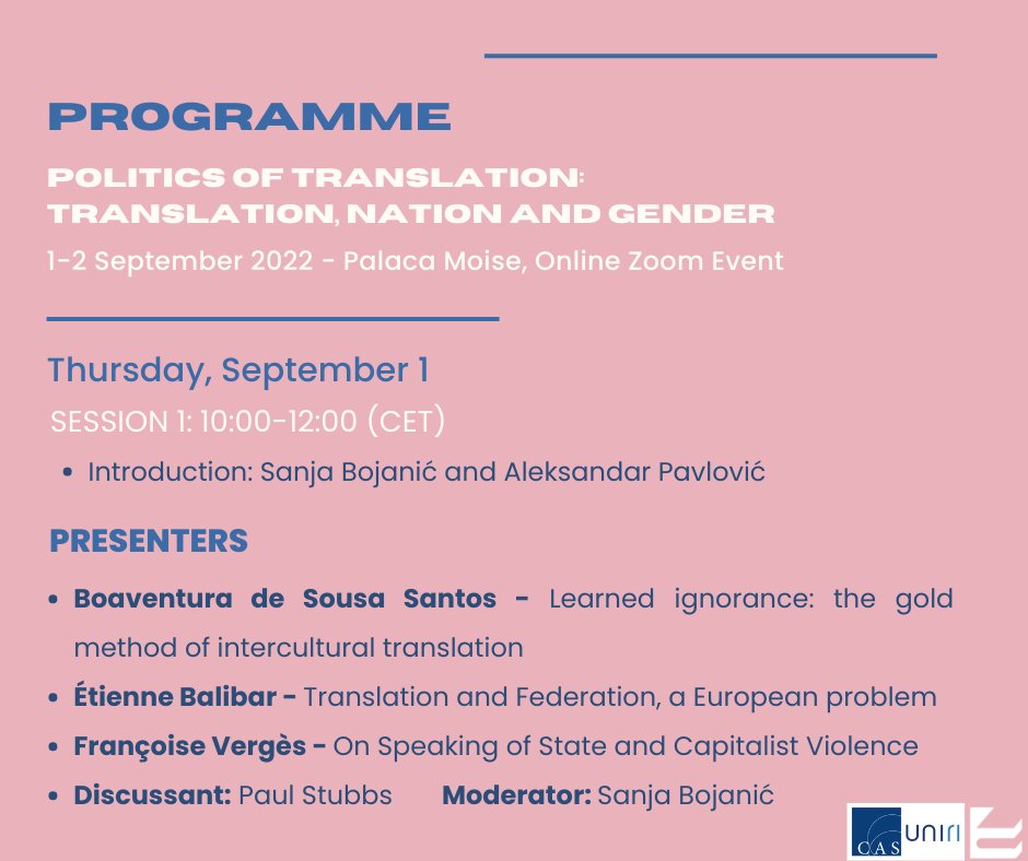cas_see_uniri's tweet photo. ๐ขConference: The Politics of Translation: Translation, Nation, and Gender
๐1-2 September 2022
๐Zoom: https://t.co/ezcfZJS6d5...
Meeting ID: 899 3568 8735
Passcode: 357666
Find out more โก๏ธ https://t.co/cpiOGNQtK8.
@IFDT_Beograd, #CASSEE https://t.co/VDNHKkWZY1