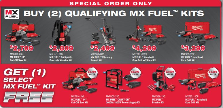 BurnsTools's tweet image. Another day another deal! Buy any of these select #Milwaukee MX kits &amp;amp; get a select #MX kit with it free. This is a great way to load up on MX batteries &amp;amp; get a free tool. Don&apos;t sleep on these offers only at #BurnsPowerTools! #cordlesstools #sale #powertools #tools #construction