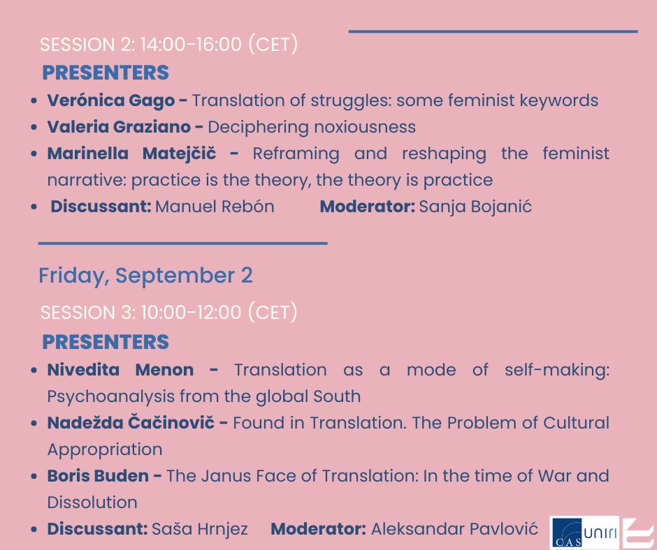 cas_see_uniri's tweet photo. ๐ขConference: The Politics of Translation: Translation, Nation, and Gender
๐1-2 September 2022
๐Zoom: https://t.co/ezcfZJS6d5...
Meeting ID: 899 3568 8735
Passcode: 357666
Find out more โก๏ธ https://t.co/cpiOGNQtK8.
@IFDT_Beograd, #CASSEE https://t.co/VDNHKkWZY1