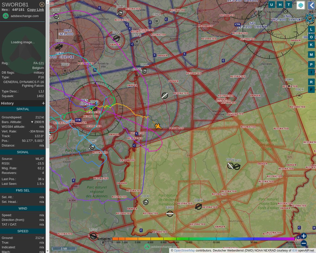 Radar_Assistant's tweet image. MULTI ADSBX MANOEUVRING ALERT : At time Wed Aug 24 14:36:46 2022 #SWORD81  was likely to be manoeuvring at FL219 6nm from BFS Florennes_TACAN_BE
 near Rue Bois-Saint-Jean, Roly, Philippeville, Namur, W #AvGeek #ADSB globe.adsbexchange.com/?icao=44F181&amp;amp;z…