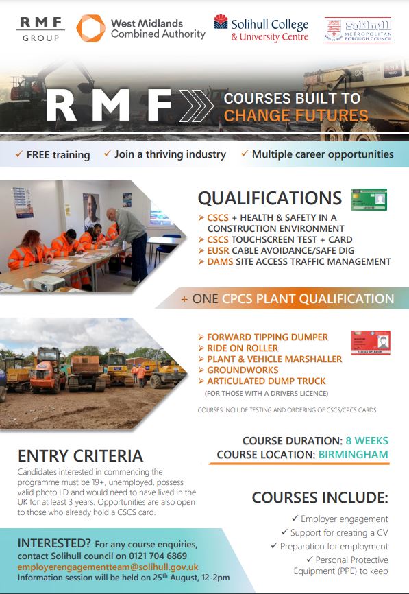 SolihullCollege's tweet photo. Interested in a construction qualification? Find out about more through our partner RMF at their information session tomorrow, 12-2 at the Chelmsley Wood centre - B37 5TS. https://t.co/lHS6N1gfjr