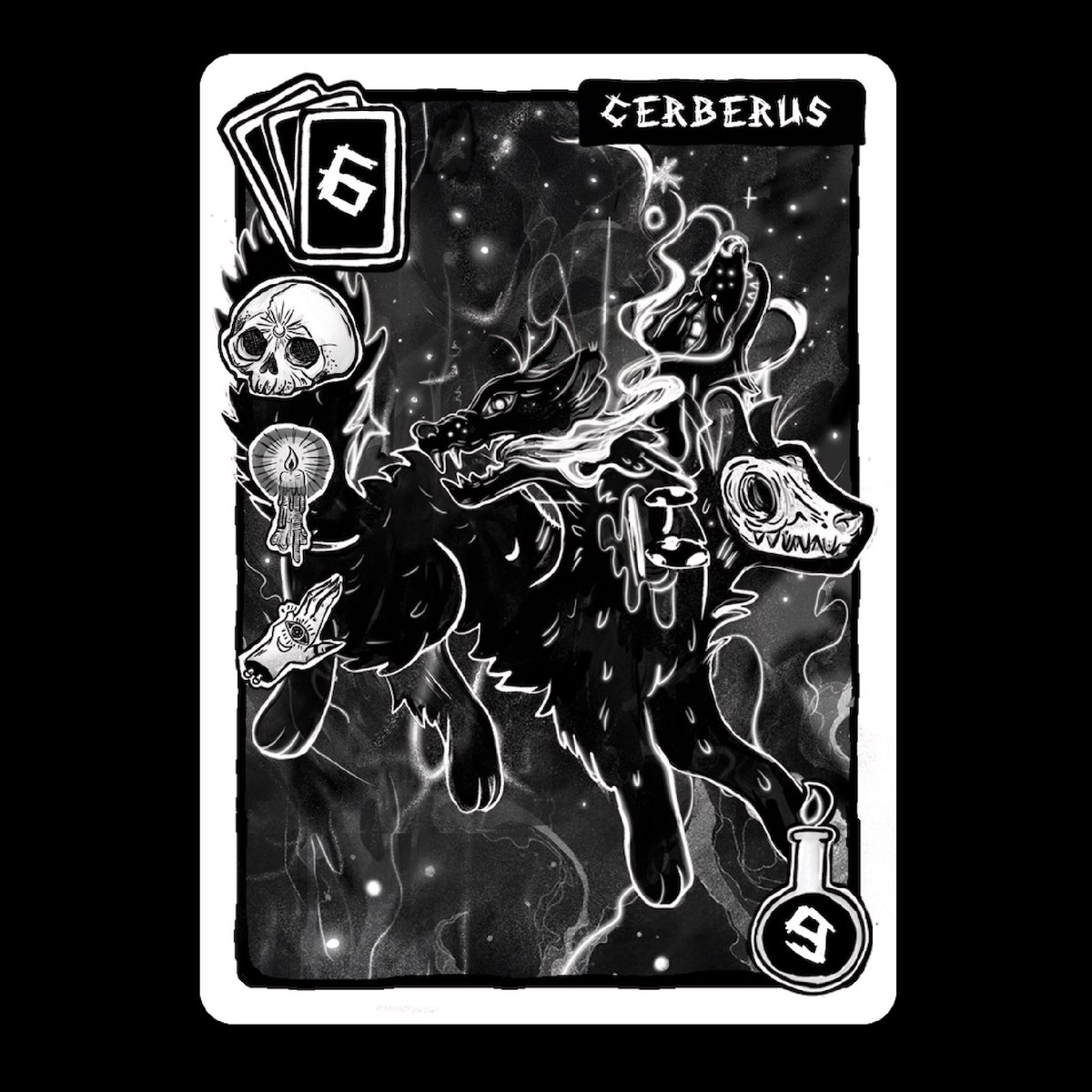 the first stretch goal has already been hit, the Cerberus promo card!This card is a Kickstarter exclusive and we're happy to reveal the artwork and card to you :) Cerberus is a formidable card by all accounts, providing an enormous 9 points if you are able to summon it.
