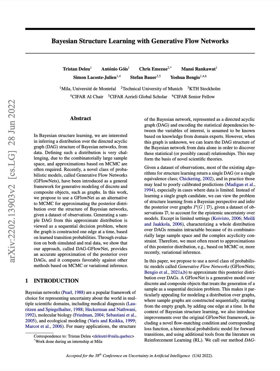 Montreal_AI's tweet photo. Bayesian Structure Learning with Generative Flow Networks
Deleu et al.: https://t.co/diLBETSNC2
#ArtificialIntelligence #DeepLearning #GenerativeFlowNetworks https://t.co/nAcG8NOSvr