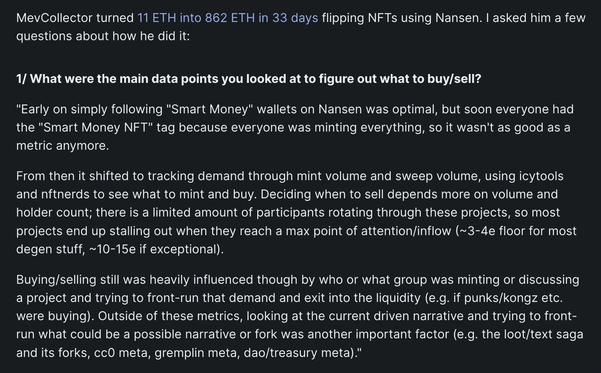 Loopify's tweet image. .@mevcollector turned 11 ETH into 862 ETH ($3.3M) in 33 days flipping NFTs in 2021,

I asked him a question about how he used data platforms to do it for the free course I am working on 👇