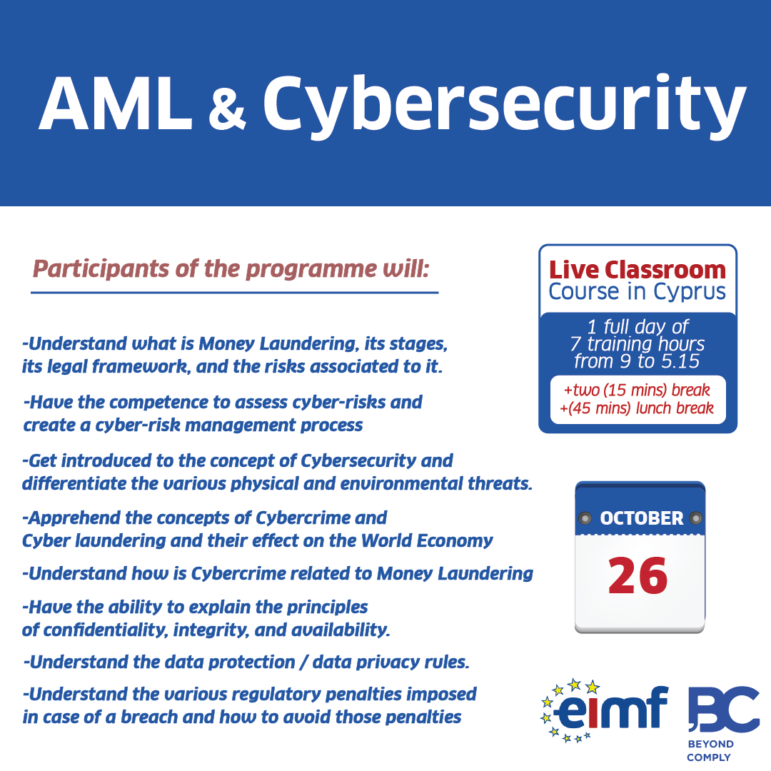 BeyondComply_'s tweet photo. I am thrilled to be delivering in collaboration with European Institute of Management and Finance (EIMF) The AML &amp; Cybersecurity course, which covers the main regulations for money laundering and cybersecurity.

To know more about this course, Visit: 
https://t.co/xPTI969wJv https://t.co/tQTEwZxhzU