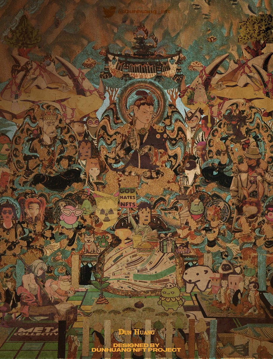 Dunhuang_nft's tweet photo. 官方首次授权文化出海的、智能合约支持退款的、Mint前就干完路线图的 神奇项目方——Dunhuang🐫
T恤 量产啦 !!!👕
✨Web3时代弄潮儿人上人的身份标识✨
🔍图中隐藏的NFT项目，你能找到几个？🔍
⏳72h
全答对的冠军🎁：WL + 500U
RT+Like🎁：抽送WLx30
(进敦煌社区,抽奖送T恤→https://t.co/XZvIHfXQkc) https://t.co/cgUfzKHsli
