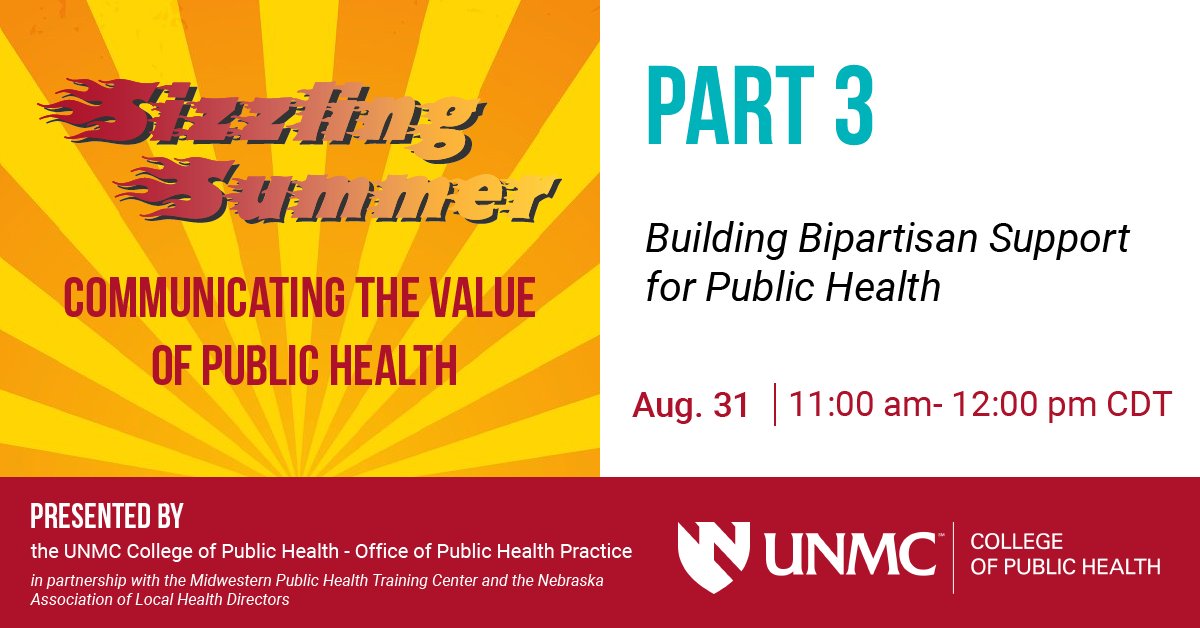 UNMC College of Public Health (@unmccoph) on Twitter photo Please join us next Wednesday for our third and final #SizzlingSummerSeries for this year.
The topic for Part 3 is Building Bipartisan Support for Public Health.
For more information and to register click here: unmc.edu/publichealth/oā¦
<a href="/katiebrandert/">Katie Brandert</a> Please join us next Wednesday for our third and final #SizzlingSummerSeries for this year.
The topic for Part 3 is Building Bipartisan Support for Public Health.
For more information and to register click here: unmc.edu/publichealth/oā¦
<a href="/katiebrandert/">Katie Brandert</a>