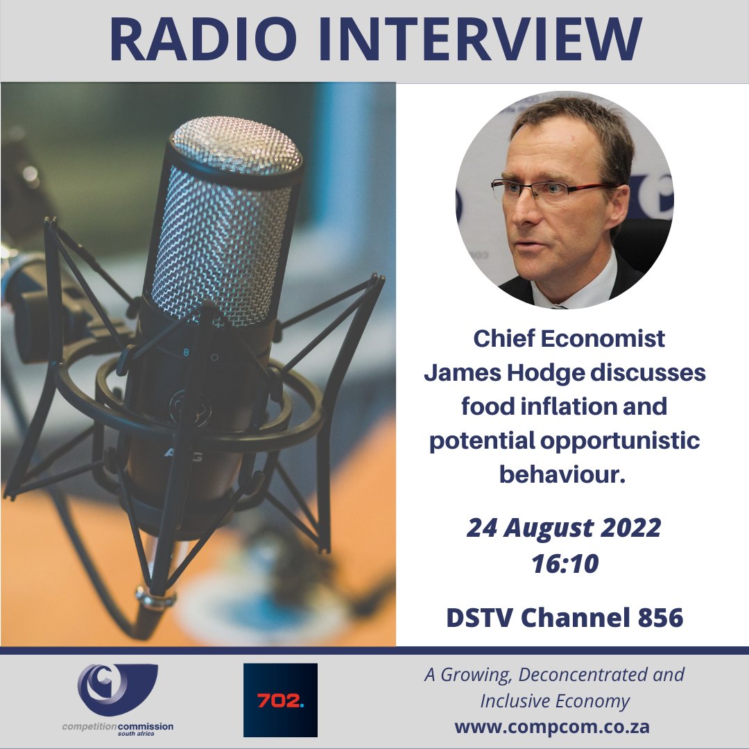 CompComSA's tweet photo. ICYMI: We released the latest Essential Food Pricing Monitoring Report today. Listen to @Radio702 with @JohnPerlman at 16:10 as our Chief Economist James Hodge expands on food inflation and potential opportunistic behaviour. #mediainterview #compcomsa https://t.co/sMfthM1NLv