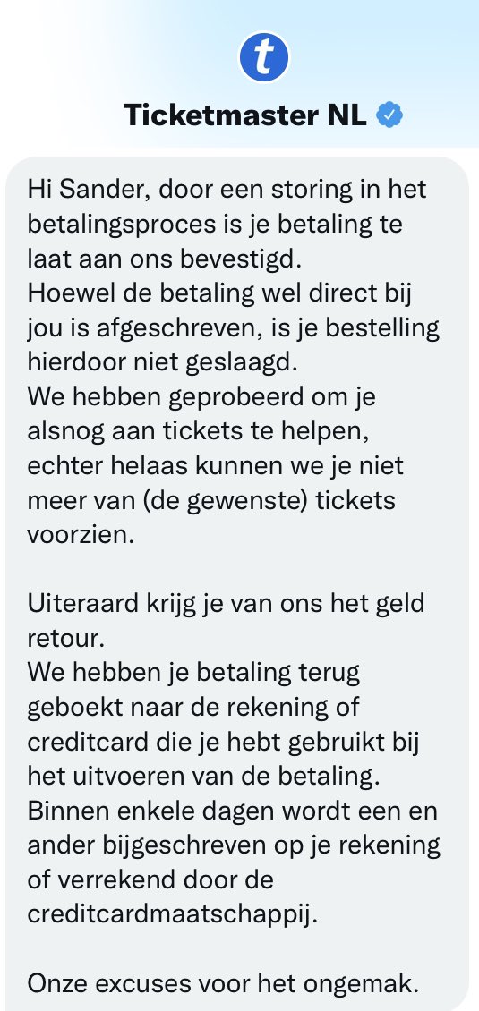 Gistermiddag eindelijk gelukt om in te loggen bij <a href="/ziggo/">Gerard Ziggo Brullee</a> voor <a href="/Coldplay/">Coldplay</a> en kaarten besteld én betaald 🎉. Geen bevestiging… paniek! <a href="/Ticketmaster_NL/">Ticketmaster NL</a> stelt storing in betaalproces welke niet bekend is bij IDeal of <a href="/ABNAMRO/">ABN AMRO</a>. Kan dit <a href="/Consumentenbond/">Consumentenbond</a> <a href="/mojoconcerts/">MOJO</a>