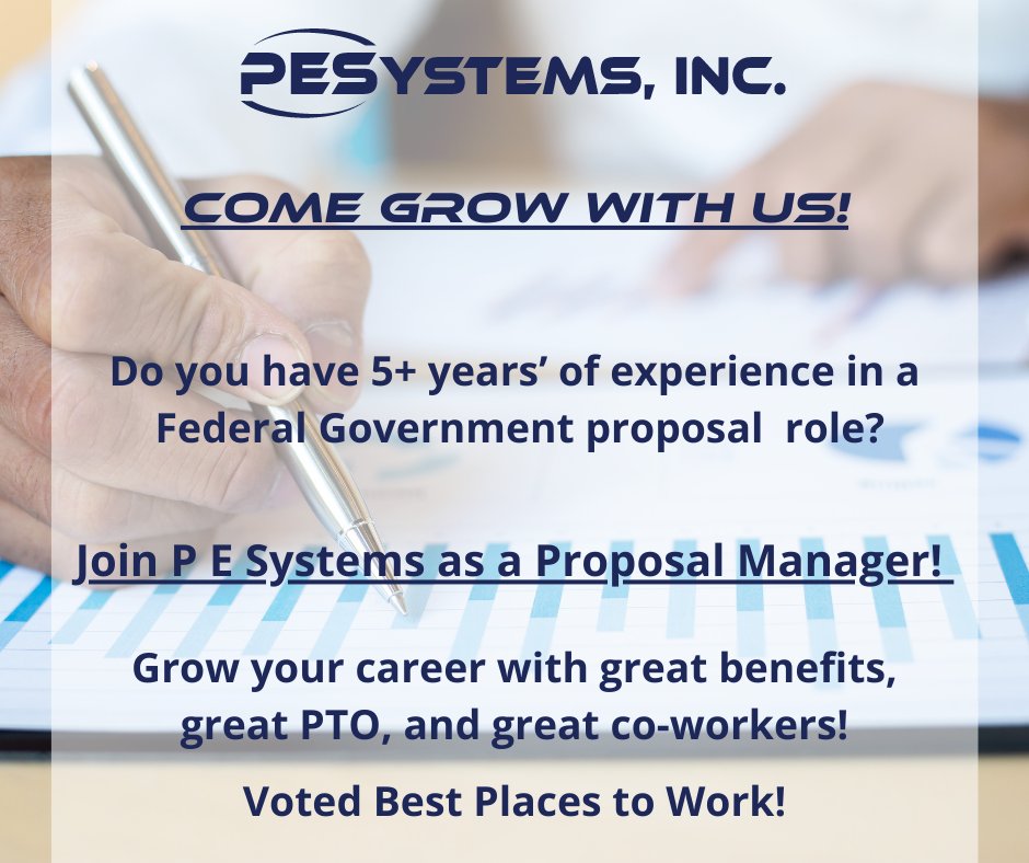 DWAFCEA's tweet photo. P E Systems is hiring! Do you have experience as a Proposal Manager? Come grow with this exceptional team! https://t.co/nMXinXiWtx https://t.co/mzg3QpbCUC