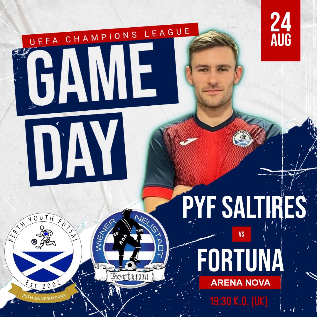 PYFSaltires's tweet photo. 🔵🔴GAME DAY🔵🔴

⚽️ PYF Saltires v Fortuna 🇦🇹 

🏆 UEFA Futsal Champions League 

📍 Arena Nova

⏰ 19:30 ko (UK)

📆 Wednesday 24th August

📺 Stream available via Fortuna Facebook or YouTube - Link tbc!

🔵🔴🔵🔴 https://t.co/VeuoOuXnQj