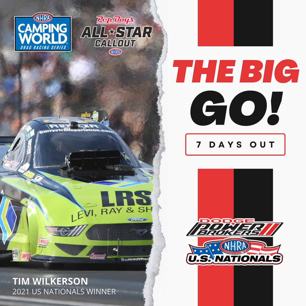 ONE 💥 WEEK 💥 OUT

We are just seven days from the first on-track action at the 68th <a href="/Dodge/">Dodge</a> Power Brokers <a href="/NHRA/">NHRA</a> #USNats!

It's shaping up to be a MASSIVE week of racing, featuring the <a href="/pepboysauto/">Pep Boys Auto Service & Tires</a> All-Star Callout and so much more!

TICKETS 🎫 bit.ly/USNats2022