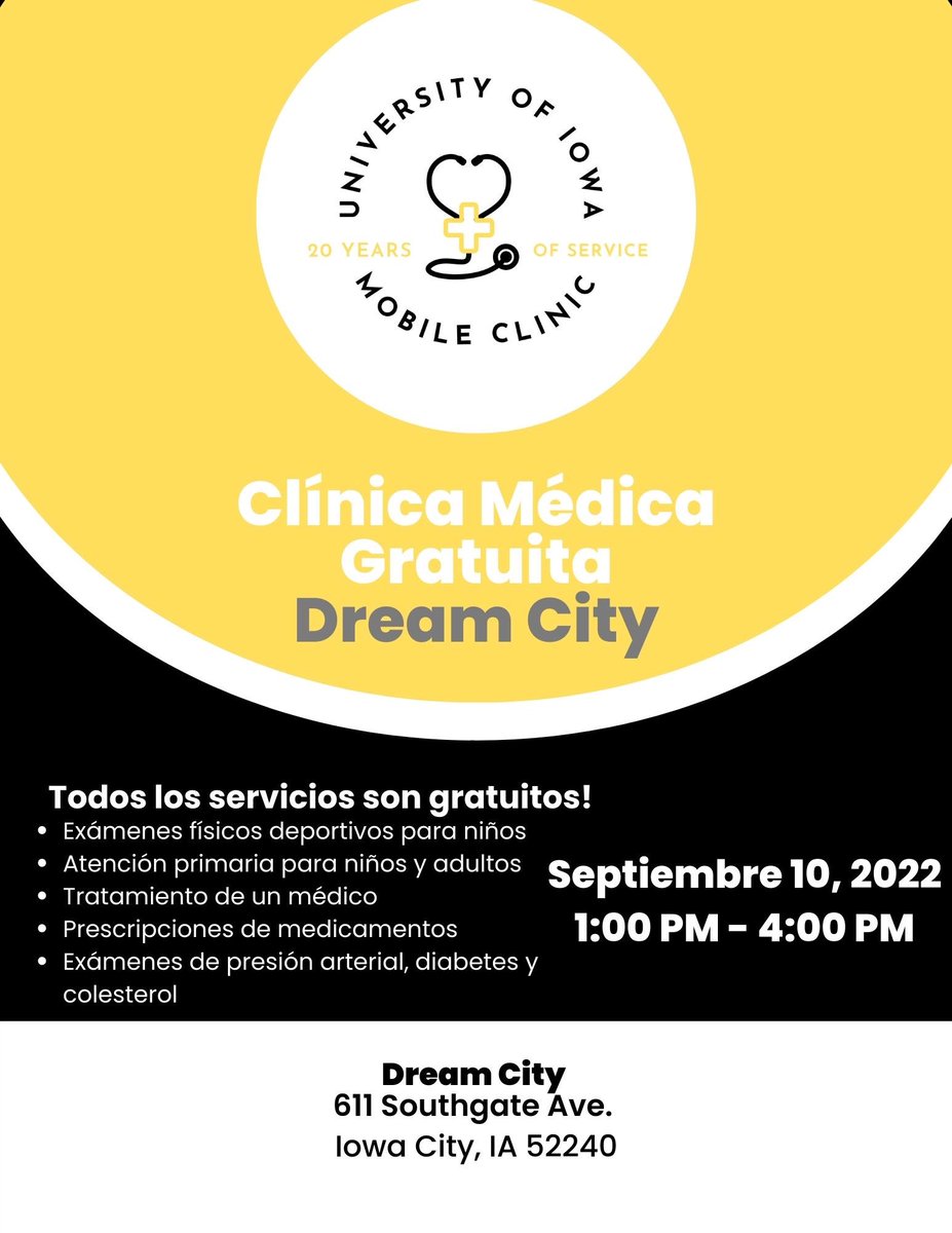 UI_MobileClinic's tweet photo. On September 10th the UI Mobile Clinic will have a free health clinic at Dream City! Check out the images below for additional information: https://t.co/GFpGezLK7R