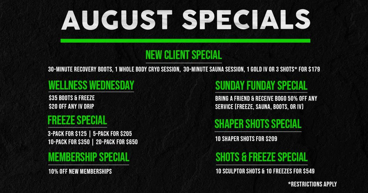 cryotherapywi's tweet photo. Don't miss your chance to take advantage of CryoFit’s August #specials; call (262) 746-2022 to schedule your appointment and claim these #deals! 

#CryoFit #Milwaukee #NewBerlin #Delafield #Wisconsin #WomensHealth #MensHealth #Health #Vitamin #IVTherapy #Cryotherapy #GetHealthy https://t.co/9w54TY7xAa