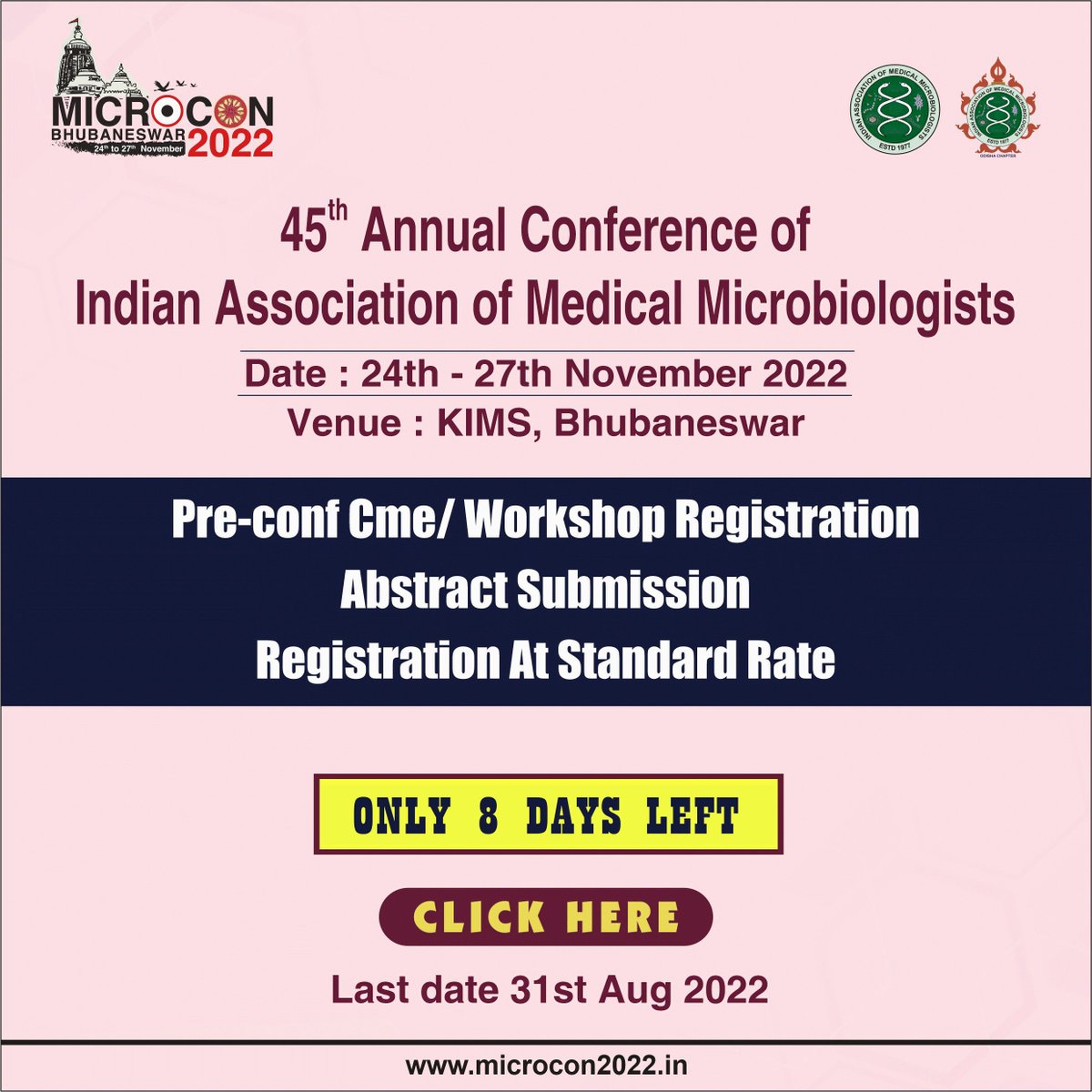 Microcon2's tweet photo. MICROCON-2022 Last Date for Abstract Submission and CME/WORKSHOP Closes on 31st August 2022.

#microcon2022 #microbiology #doctor #pediatrics #doctorlife #IAMM #india https://t.co/VZg6c7nc09