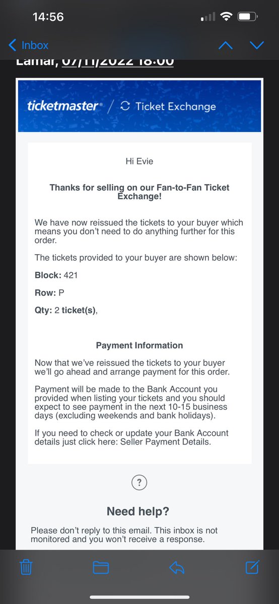 HBate's tweet photo. @TicketmasterCS We received a totally useless reply below. Our account was hacked and our tickets sold to someone for 1/5th of the price.
Please help urgently to get the tickets back.
Seriously unhelpful customer service. https://t.co/AsSiYZt2Lf