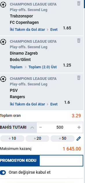 Trabzonspor - Copenhagen karşılıklı gol var 1,65 
PSV - Rangers karşılıklı gol var 1,6
Dinamo Zagreb - Bodo Glimt toplam 2 üst 1,25 
site :  mostbet-king.com/adiS