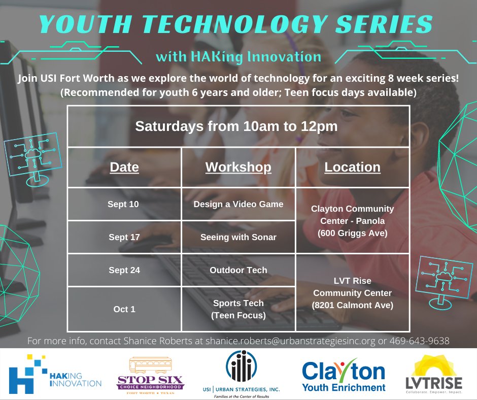 StopSixCNI's tweet photo. Join @UrbStratInc FW to explore tech in 8-week series on Saturdays starting Sept. 10! Don’t just play the game, design it! Use block coding to learn basic algorithms. Learn to keep score, add characters &amp; showcase your game. Recommended for ages 6 &amp; up. Teen focus days, too. https://t.co/tHJl8rsvWU