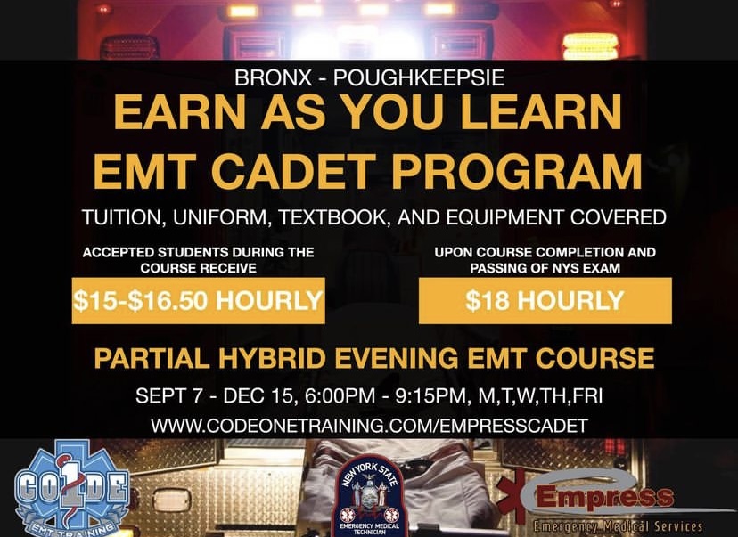 EmpressEMS's tweet photo. Our EMT Cadet Program with Code One is now open for registration. The deadline to apply is 8/26. Apply online and get started with your new career as an EMT today! #EMT #EMTAcademy #EMTTraining #NYC #TheBronx #Poughkeepsie #CodeOne https://t.co/B8Jq4XF33n