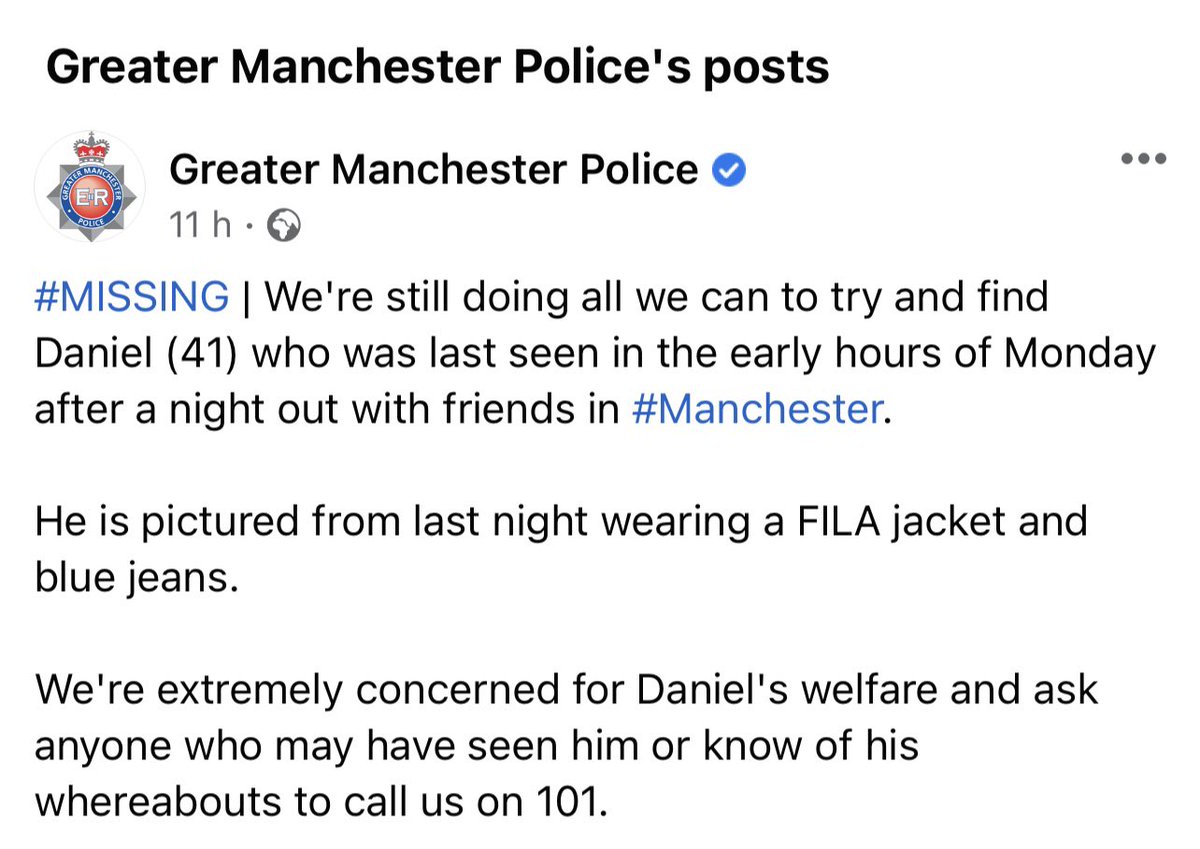 There’s a term used in the fireservice…

“You kick one, we all limp” 

It seems quite fitting under these circumstances. Every one of Dans Family,Friends and colleagues all want him found and home safe.

Pls keep doing all you can 😔

Any info please 📞 <a href="/gmpolice/">Greater Manchester Police</a>
