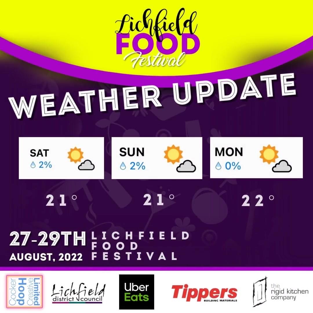 Weather is looking great for the Food Festival weekend this Saturday, Sunday, Monday! 

See you in Lichfield City Centre! 

Festival is open 9-5pm 👏☀️🥳
