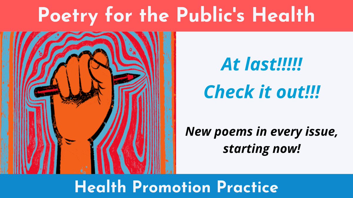 TheHPPJournal (@thehppjournal) on Twitter photo With our newest issue, #HPP is proud to introduce a new section that will appear in every issue - #PoetryforthePublicsHealth.
Curated by <a href="/ShanaeRebecca/">Shanaé Burch, Ed.D #CreatingHealthfulNarratives</a> <a href="/DocDill/">LeConte Dill</a> <a href="/RJPway4EQ/">Ryan Petteway, DrPH, MPH</a> - we offer 6 powerful reflections on and of public health
bit.ly/2CXnWi4
<a href="/SOPHEtweets/">SOPHE</a> <a href="/UFCAM/">UF Center for Arts in Medicine</a> With our newest issue, #HPP is proud to introduce a new section that will appear in every issue - #PoetryforthePublicsHealth.
Curated by <a href="/ShanaeRebecca/">Shanaé Burch, Ed.D #CreatingHealthfulNarratives</a> <a href="/DocDill/">LeConte Dill</a> <a href="/RJPway4EQ/">Ryan Petteway, DrPH, MPH</a> - we offer 6 powerful reflections on and of public health
bit.ly/2CXnWi4
<a href="/SOPHEtweets/">SOPHE</a> <a href="/UFCAM/">UF Center for Arts in Medicine</a>