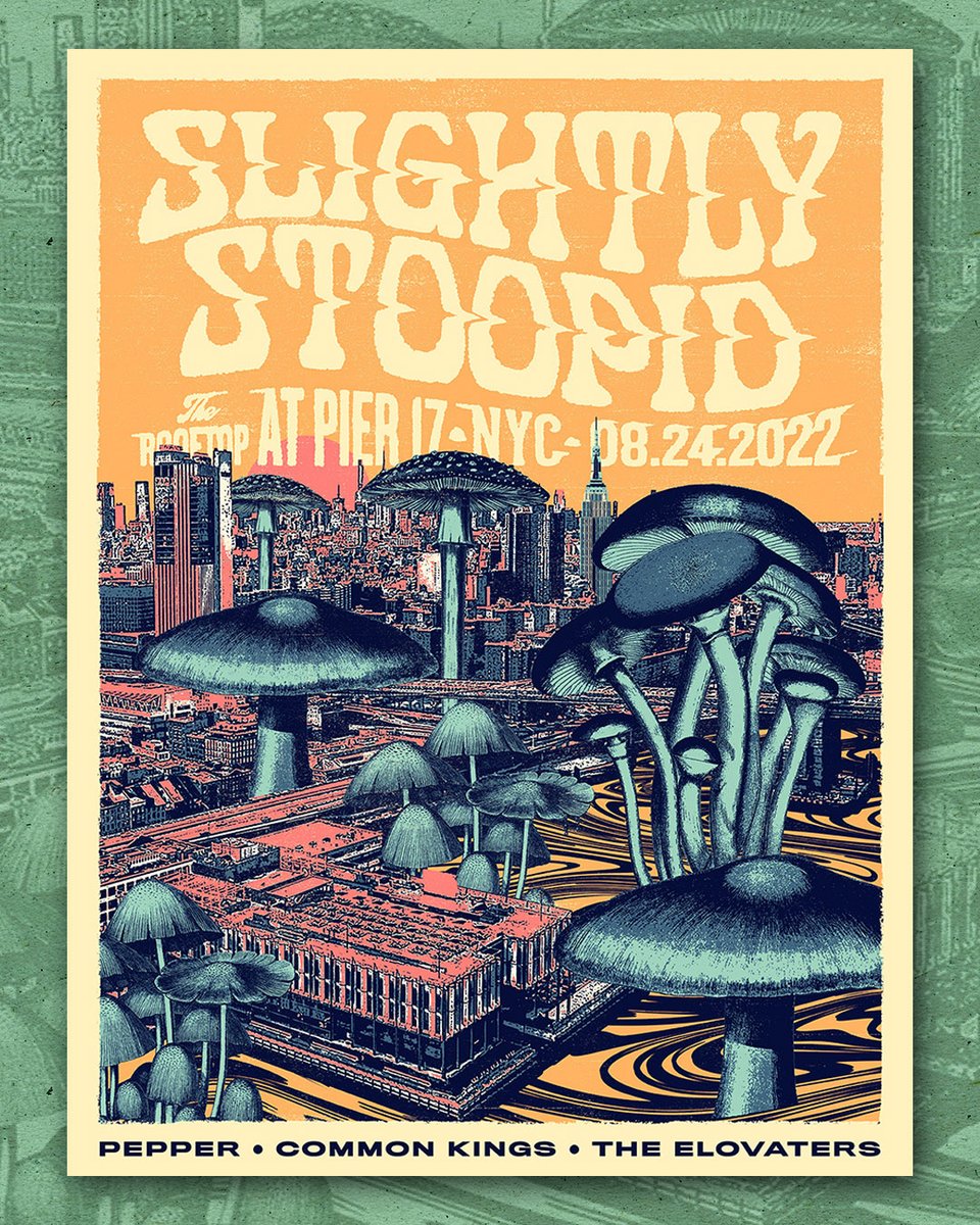 Smoking out the Big Apple TONIGHT in New York, NY at The Rooftop @ Pier 17 🎶 Stoopid hits @ 8:00pm. 🎨: Limited 'Thinkin Bout Caps' foils & screen prints available @ the merch booth. Art by @zocastudio. 🎫 Final tickets at SlightlyStoopid.com #SummerTraditions2022 🍎🗽