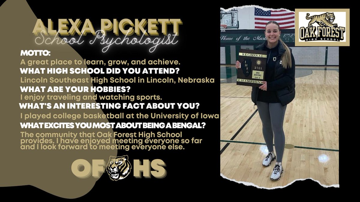 ExperienceOFHS's tweet photo. Help us welcome Ms. Pickett to OFHS! Ms. Pickett is going to be working as the School Psychologist of the Bridges program this year. We’re happy to have you here! #TheBengalWay #newfaculty https://t.co/C6GBt4TV0c