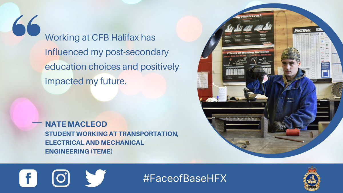 CFB_BFCHalifax's tweet photo. “Working at CFB Halifax has influenced my post-secondary education choices and therefore impacted my future in positive ways.” #FaceofBaseHFX Student & Federal Student Work Experience Program #FSWEP participant Nate Macleod https://t.co/9eL4f5Nji1